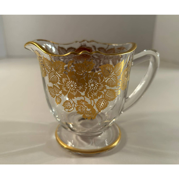 VTG Silver City Glass Co. 22K Gold Floral Overlay Crystal Sugar Bowl & Creamer - Picture 5 of 7